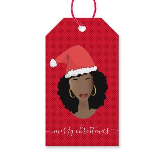 Merry Christmas, Black Woman, Santa Hat, Red Gift Tags