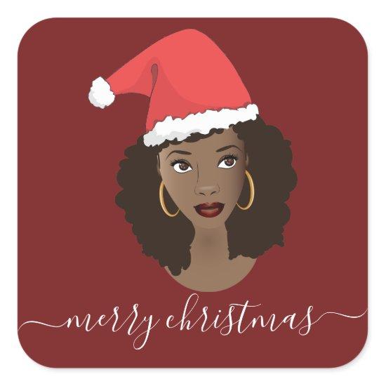 Merry Christmas, Black Woman, Santa Hat, Red Square Sticker