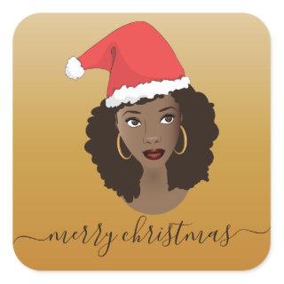 Merry Christmas, Black Woman, Santa Hat, Yellow Square Sticker