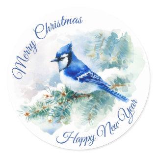 Merry Christmas Blue Jay Round Stickers