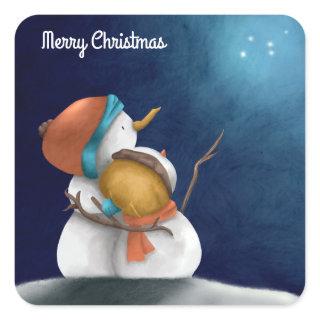 Merry Christmas blue night Snowmen hugging Square Sticker