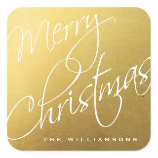 Merry Christmas Calligraphy Chic Gold Custom Square Sticker