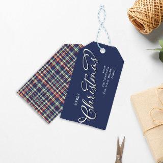 Merry Christmas Calligraphy Script Navy Blue Plaid Gift Tags