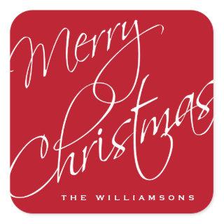 Merry Christmas Calligraphy Script Red Custom Square Sticker