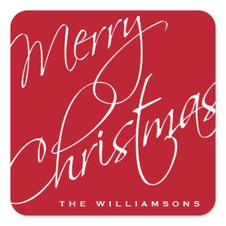 Merry Christmas Calligraphy Script Red Custom Square Sticker