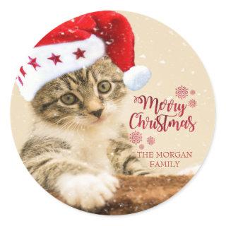 Merry Christmas,Cat With Santa Hat Classic Round Sticker