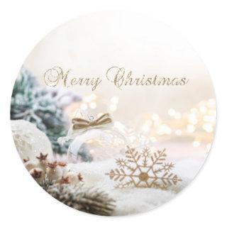 Merry Christmas,Christmas Balls,Gold Snowflakes Classic Round Sticker