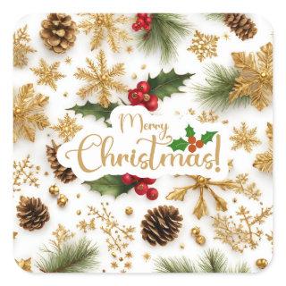 Merry Christmas Colorful Berries, Golden Snowflake Square Sticker