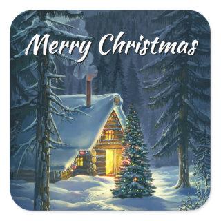 Merry Christmas Cottage Square Stickers
