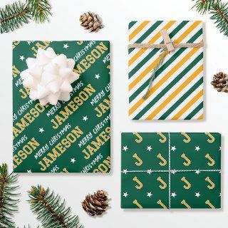 Merry Christmas Custom Name Monogram Green Gold  Sheets