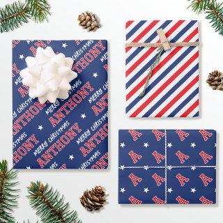 Merry Christmas Custom Name Monogram Navy Red   Sheets