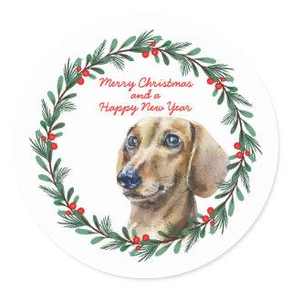 Merry Christmas Cute Dachshund Dog Holiday Wreath Classic Round Sticker