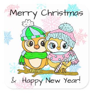 Merry Christmas Cute Owl Couple Christmas Square Sticker