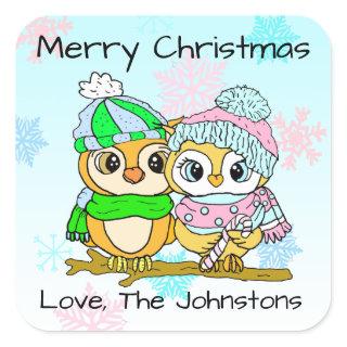 Merry Christmas Cute Owl Couple Christmas Square Sticker