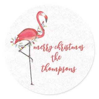 Merry Christmas Cute Pink Flamingo String Lights Classic Round Sticker