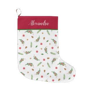 Merry Christmas, Cute Roses & Lush Green Leaves Large Christmas Stocking