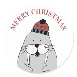 Merry Christmas. Cute winter walrus. Funny animal Classic Round Sticker
