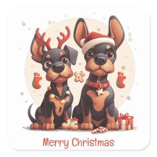 Merry Christmas Dobermann Dogs Square Sticker