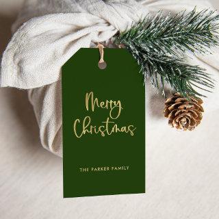 Merry Christmas | Faux Gold on Green Casual Script Gift Tags