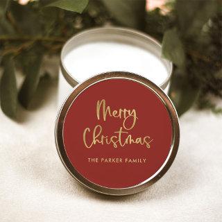 Merry Christmas | Faux Gold on Red Casual Script Classic Round Sticker