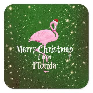 Merry Christmas from Florida, Santa Flamingo Square Sticker