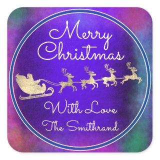 Merry Christmas From Santa Reindeer Sleight Blue Square Sticker