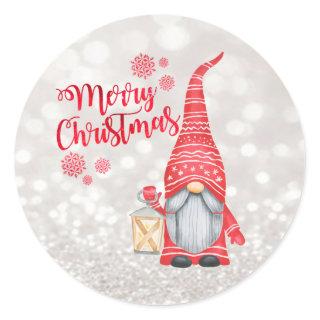 Merry Christmas,Glitter Bokeh,Cute Gnome   Classic Round Sticker
