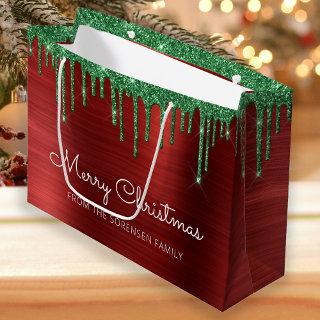 Merry Christmas Glitter Drips Red Green Glam Large Gift Bag