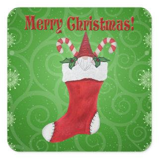 Merry Christmas Gnome in Stocking Candy Cane Green Square Sticker