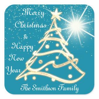Merry Christmas & Happy New Year Gold Blue Spark Square Sticker