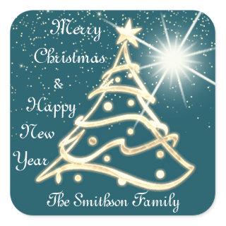 Merry Christmas & Happy New Year Gold Blue Teal Square Sticker
