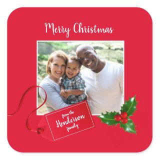Merry Christmas  Holly Sprig - Custom Photo - Square Sticker
