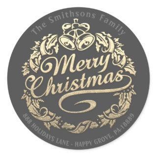 Merry Christmas Holly Wreath RSVP Gold Royal Grey Classic Round Sticker