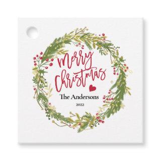 Merry Christmas Holly Wreath Rustic Typography  Favor Tags