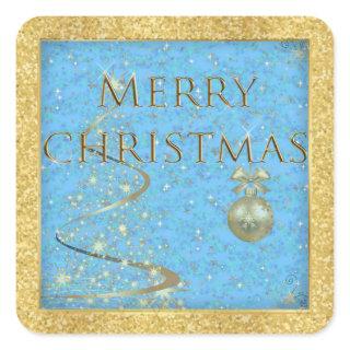 Merry Christmas in Gold and Blue  Square Sticker