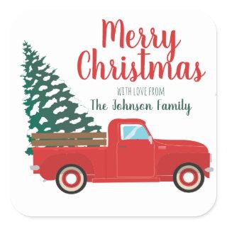 Merry Christmas Little Red Pickup Truck Pine Tree Square Sticker