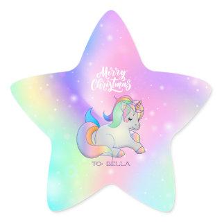 Merry Christmas Rainbow Unicorn Holiday Gift  Star Sticker