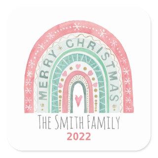 Merry Christmas Rainbow watercolors red green Square Sticker