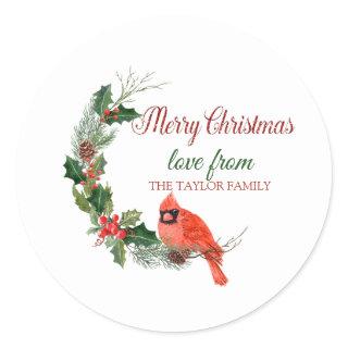 Merry Christmas,Red Cardinal Bird Holly Berry Classic Round Sticker