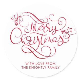 Merry Christmas Red Glitter Script Typography Classic Round Sticker