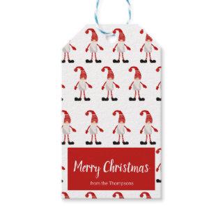 Merry Christmas Red Gray Gnome Nordic Pattern Gift Tags