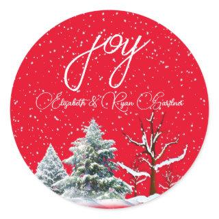 Merry Christmas Red Green Pine Trees Snowflakes    Classic Round Sticker