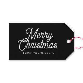 MERRY CHRISTMAS RETRO WHITE TYPOGRAPHY ON BLAC GIFT TAGS