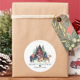 Merry Christmas | Rustic Winter Cabin Forest Classic Round Sticker
