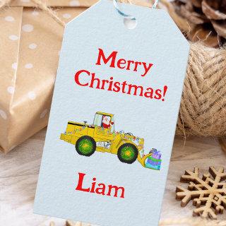 Merry Christmas Santa In Bulldozer Delivering Gift Gift Tags