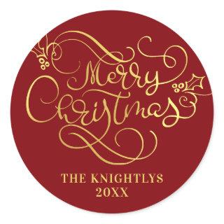 Merry Christmas Script Faux Gold Your Color Classic Round Sticker