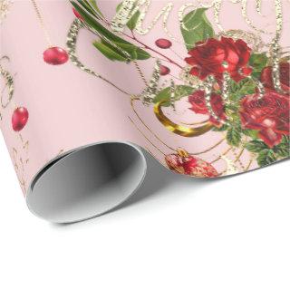 Merry Christmas Script Roses Gold Pink Mint Green