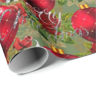 Merry Christmas Script Roses Red Mint Green Gold