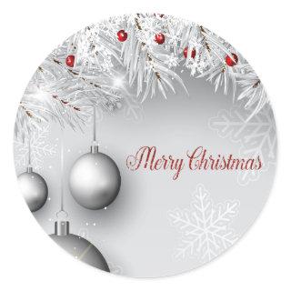Merry Christmas, Silver Balls, Branches,Snowflakes Classic Round Sticker