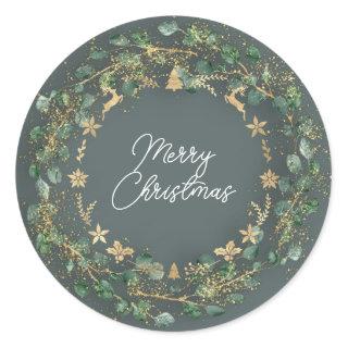 Merry Christmas Smoky Green Wreath Woodland Gold  Classic Round Sticker